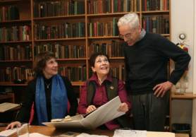 Barbara Allen, Anne Fielding, and Michael Palmer at work in the 3rd Floor Library, the Eli Siegel Collection, at the Aesthetic Realism Foundation.
